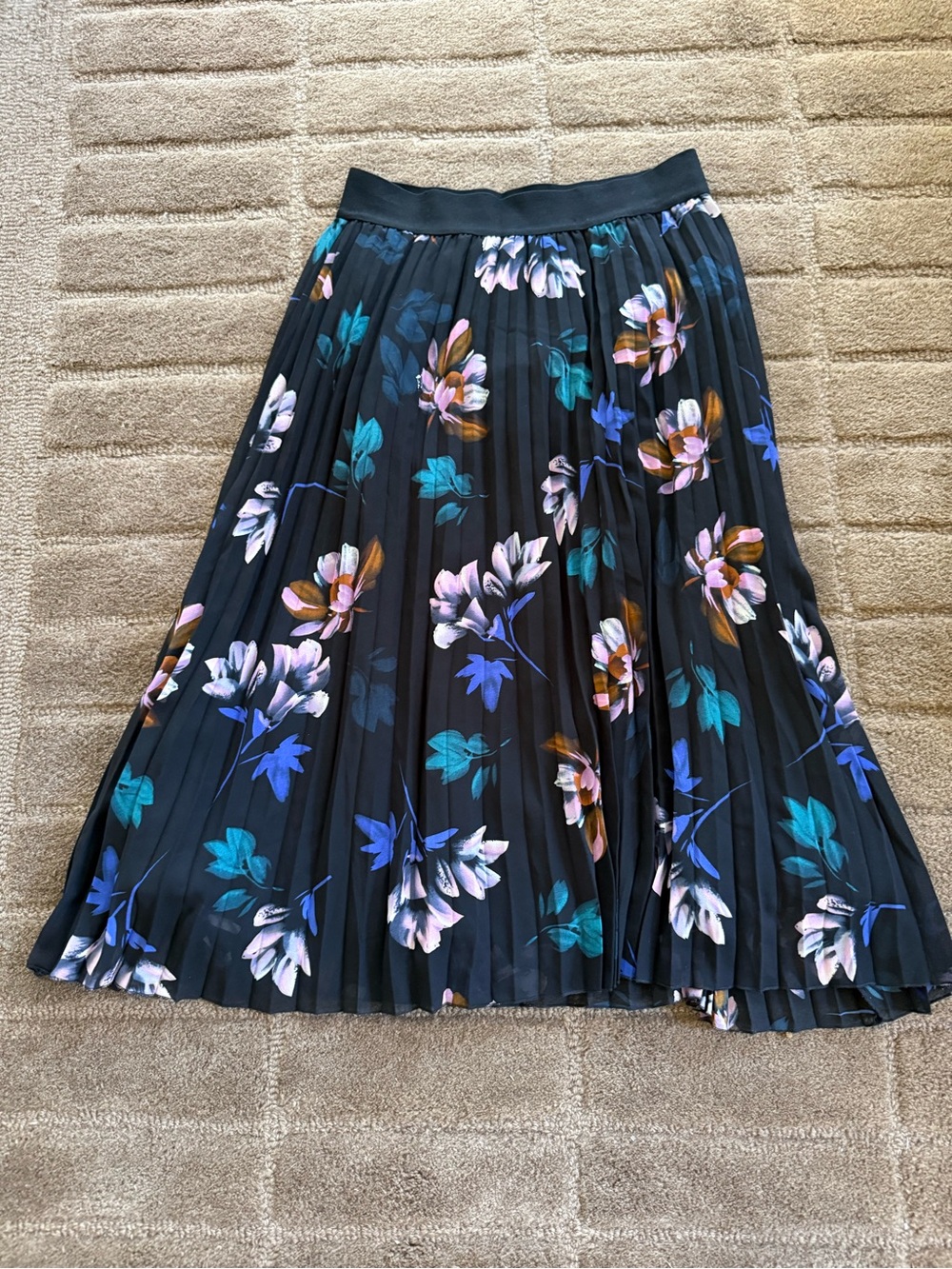 Tahari Black Pleated Midi Skirt with Blue & Teal Floral Print